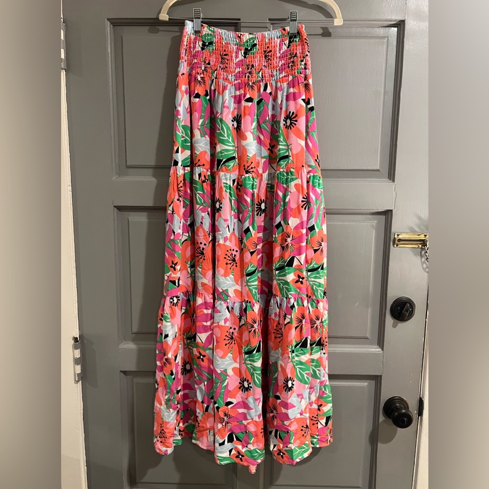 Floral Tiered Maxi Skirt in Pink & Coral
